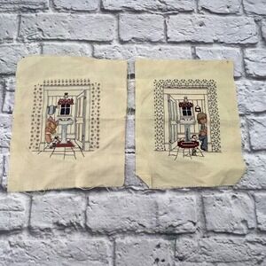 Handmade Needlepoint Boy Girl Bathroom Sink Set of 2 Unframed Wall Art